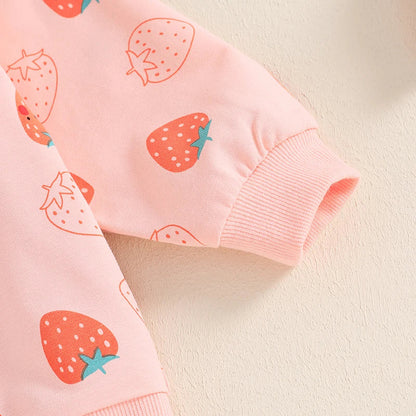 Baby Toddler Girls 2Pcs Fall Strawberry Print Outfit Long Sleeve Top Elastic Waist Pants with Pockets Set