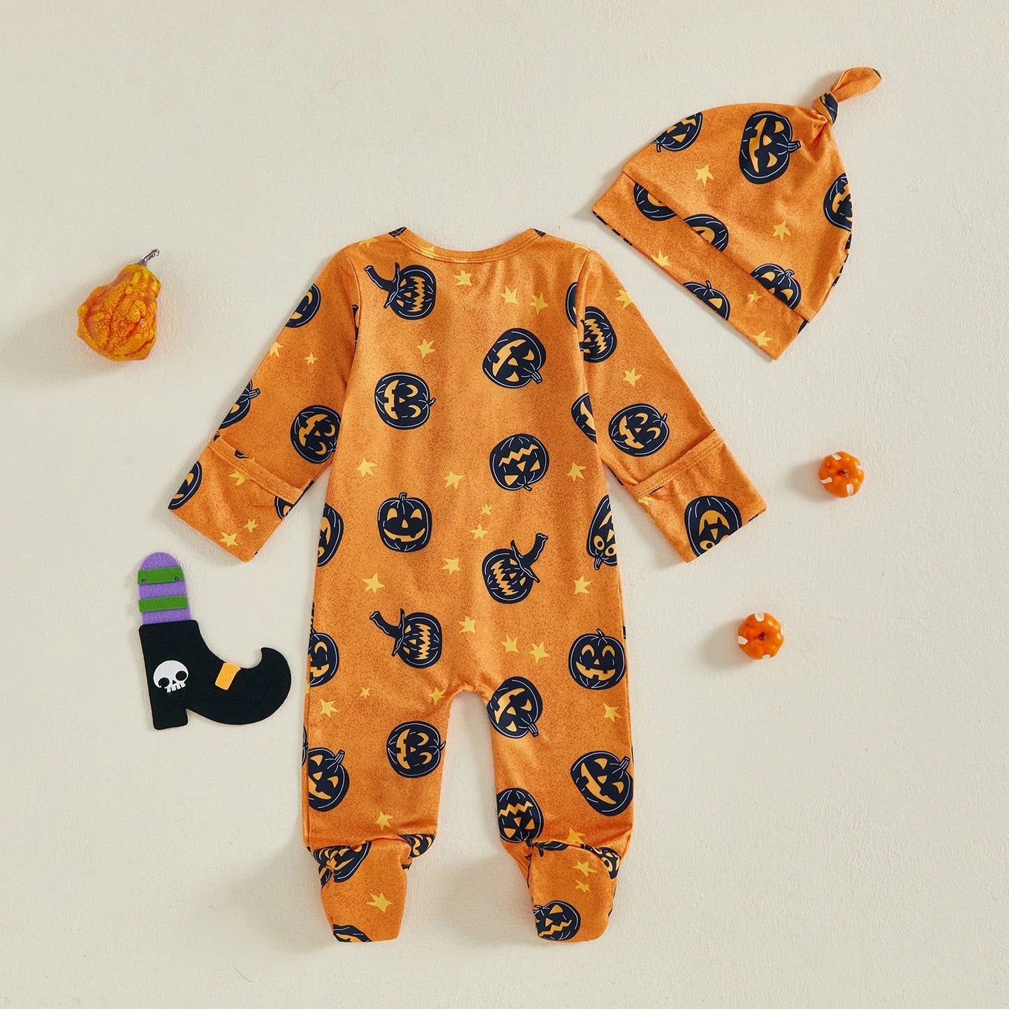 Baby Boy Girl 2Pcs Halloween Footed Zipper Romper Pumpkin Print Long Sleeve Round Neck Zip Jumpsuit with Hat Set