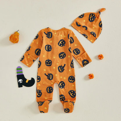 Baby Boy Girl 2Pcs Halloween Footed Zipper Romper Pumpkin Print Long Sleeve Round Neck Zip Jumpsuit with Hat Set
