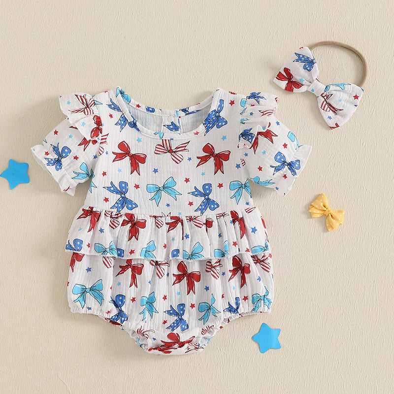 Baby Girl 2Pcs 4th of July Outfit Love Heart Star Pattern Ruffled Crew Neck Short Sleeve Romper & Bow Headband Set