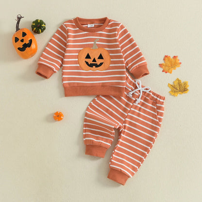 Baby Toddler Boys 2Pcs Halloween Outfit Stripe Pumpkin Embroidery Long Sleeve Top and Long Jogger Pants Clothes Set