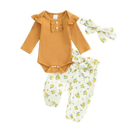 Baby Girls 3Pcs Fall Outfit Long Sleeve Ribbed Romper + Floral Flower Print Pants + Headband Set