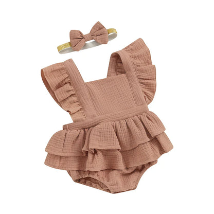 Baby Girls 2Pcs Romper Dress Solid Color Fly Sleeve Skirt Hem Tank Top Bodysuit Summer Clothes with Headband Set