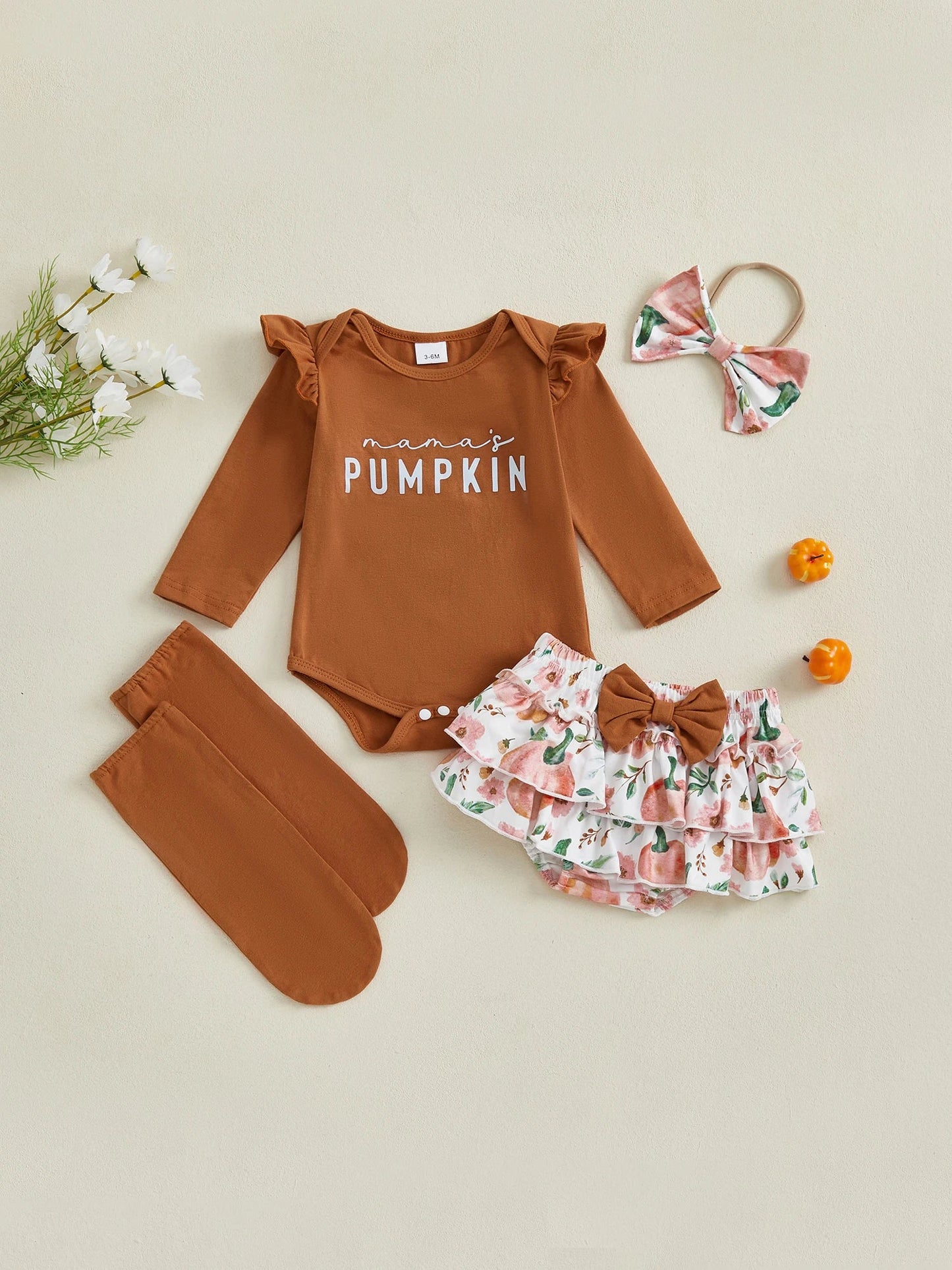 Baby Girls 4Pcs Halloween Outfit Letter Mama's Pumpkin Long Sleeve Romper Pumpkin Ruffle Shorts Skirt Bow Headband Solid Stockings Set