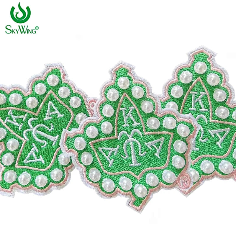 3D Pearls Ivy Shield Embroidered Sew on Patch ,AKA 1908 Sorority Pink and Green DIY patch for Jackets , hats