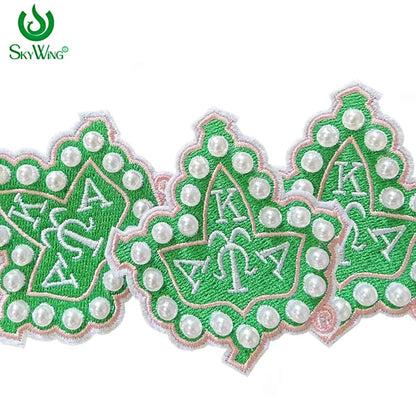 3D Pearls Ivy Shield Embroidered Sew on Patch ,AKA 1908 Sorority Pink and Green DIY patch for Jackets , hats