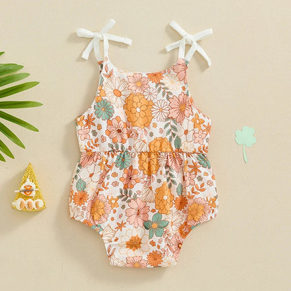 Baby Girls Summer Romper Flower/Butterfly Print Bow Tie Strap Tank Top Sleeveless Round Neck Jumpsuit