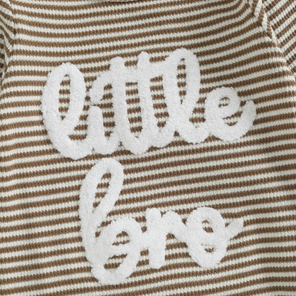 Baby Boys 2Pcs Autumn Striped Jumpsuit Long Sleeve Crewneck Letter Little Bro Embroidery Romper with Hat Set