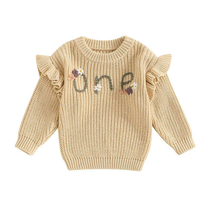 Baby Girl Birthday Sweater One Casual Floral Flowers Letter Embroidery Warm Long Sleeve Knitted Pullover Infant Knitwear Top