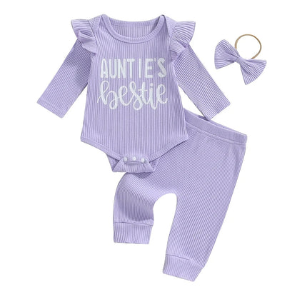 Baby Girls 3Pcs Auntie's Bestie Ribbed Letter Print Long Sleeve Round Neck Ruffled Romper Pants Hair Band Outfit Set