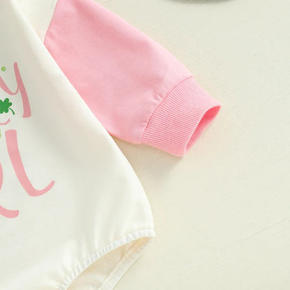 Baby Girls Lucky Girl Spring St. Patrick's Day Bubble Romper Long Sleeve Crewneck Shamrock Horseshoe Print Bodysuit