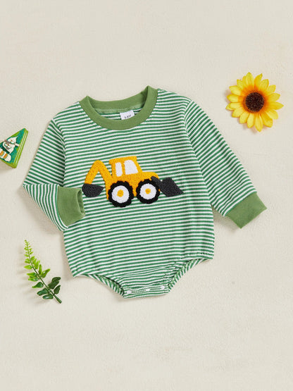Baby Boy Fall Bubble Romper Casual Digger Tractor Embroidery Striped Long Sleeve Jumpsuit Infant Cute Outfit