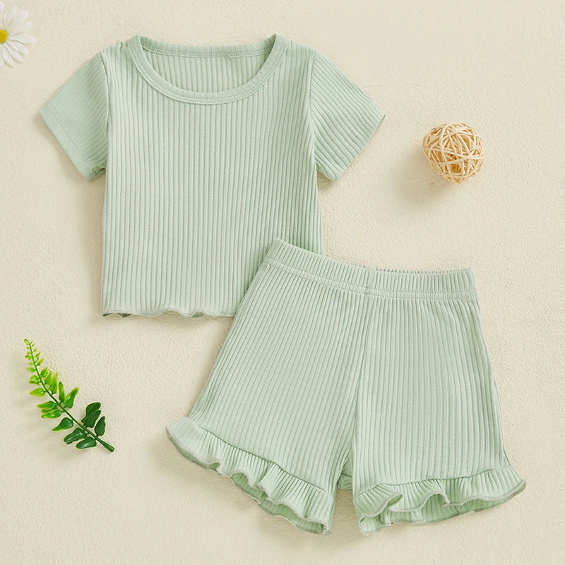 Baby Toddler Girls 2Pcs Ribbed Outfit Solid Color Short Sleeve T-Shirt Top Elastic Waist Ruffle Shorts Set