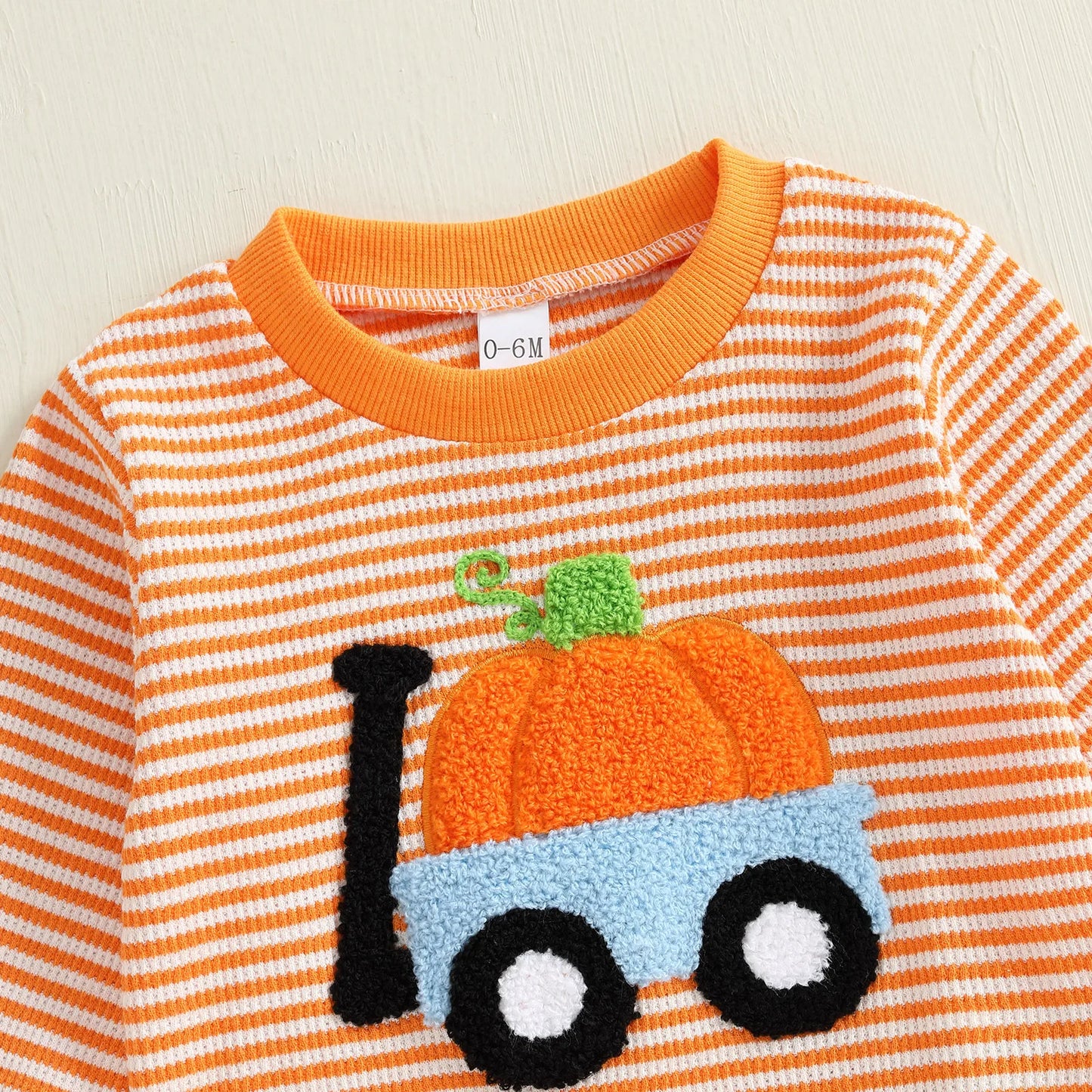 Baby Toddler Boy Girl 2Pcs Halloween Outfit Pumpkin Embroidery Boo Ghost Striped Long Sleeve Top and Elastic Jogger Pants Set