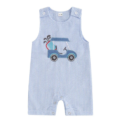 Baby Boys Jumpsuit Sleeveless Crew Neck Striped Embroidery Golf Cart Summer Romper