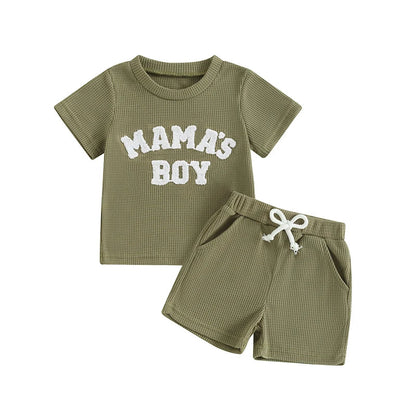Baby Toddler Boy 2Pcs Mama's Boy Letter Embroidery Short Sleeve Top Matching Shorts Set Waffle Outfit