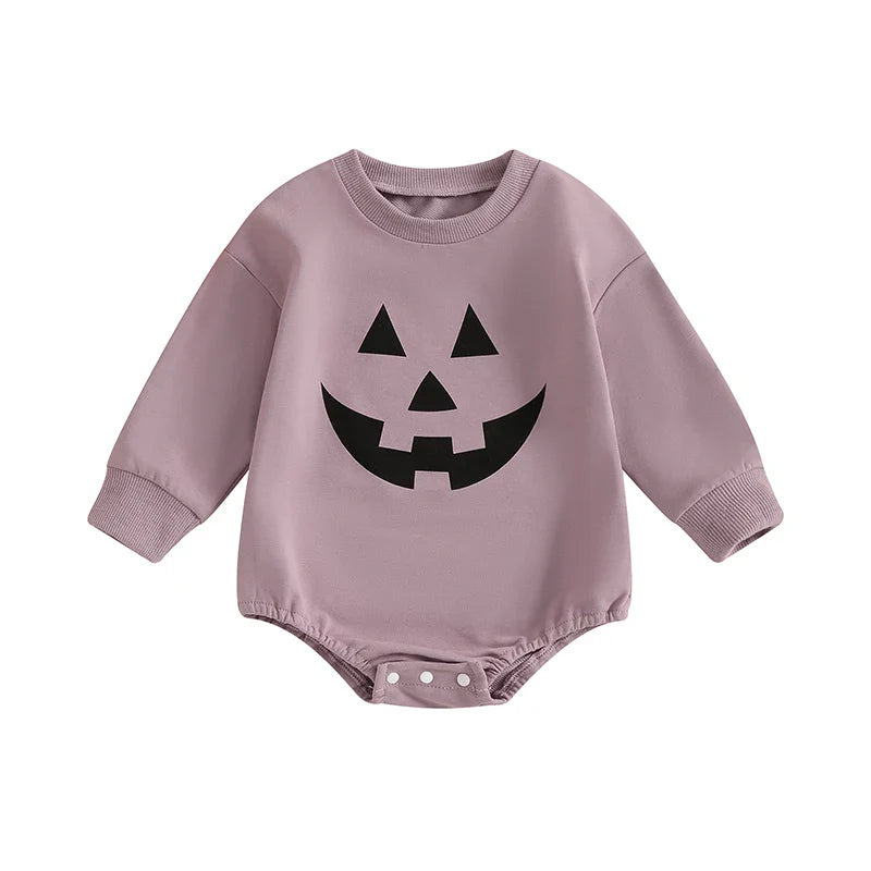 Baby Girls Boys Halloween Romper Casual Pumpkin Jack O Lantern Face Print Round Neck Long Sleeve Jumpsuit