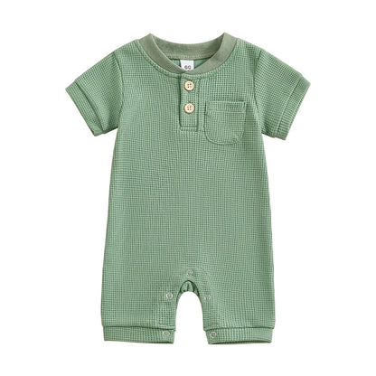 Baby Boy Girl Jumpsuit Summer Short Sleeve Solid Color Waffle Button Romper Playsuit