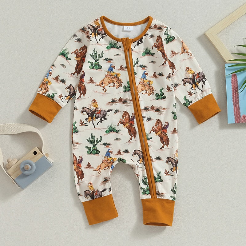 Baby Boys Girls Jumpsuit Long Sleeve Cow/Horse Print Zipped Autumn Romper Clothes
