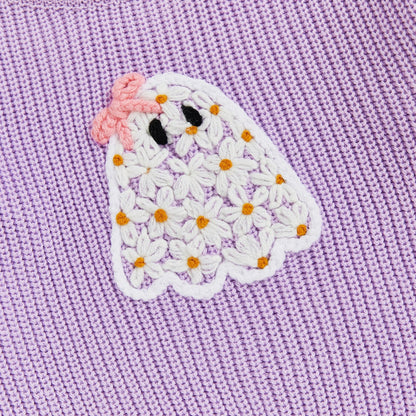 Baby Toddler Kids Girl Halloween Sweater Long Sleeve Round Neck Ghost Flower Embroidery Knit Pullover Top