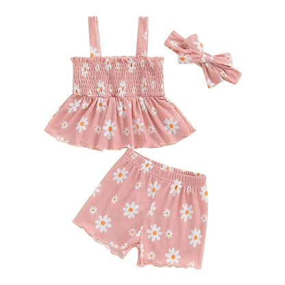 Baby Toddler Girls 3Pcs Outfit Sleeveless Daisy Flower Print Baby Doll Tank Top Shorts Headband Set