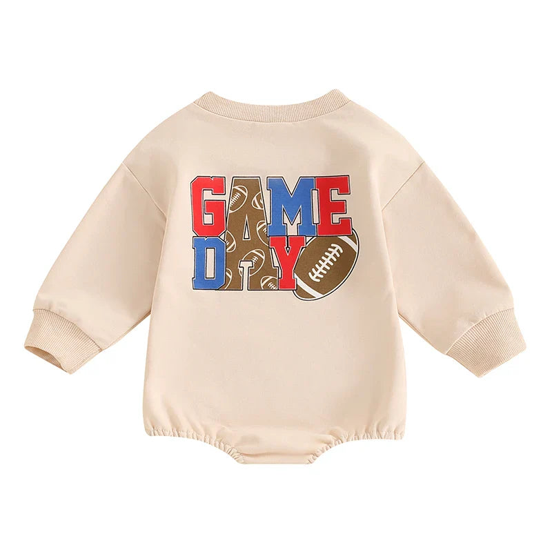 Baby Girl Boy Fall GAME DAY Bubble Romper Football Letter Print Long Sleeve Round Neck Jumpsuit