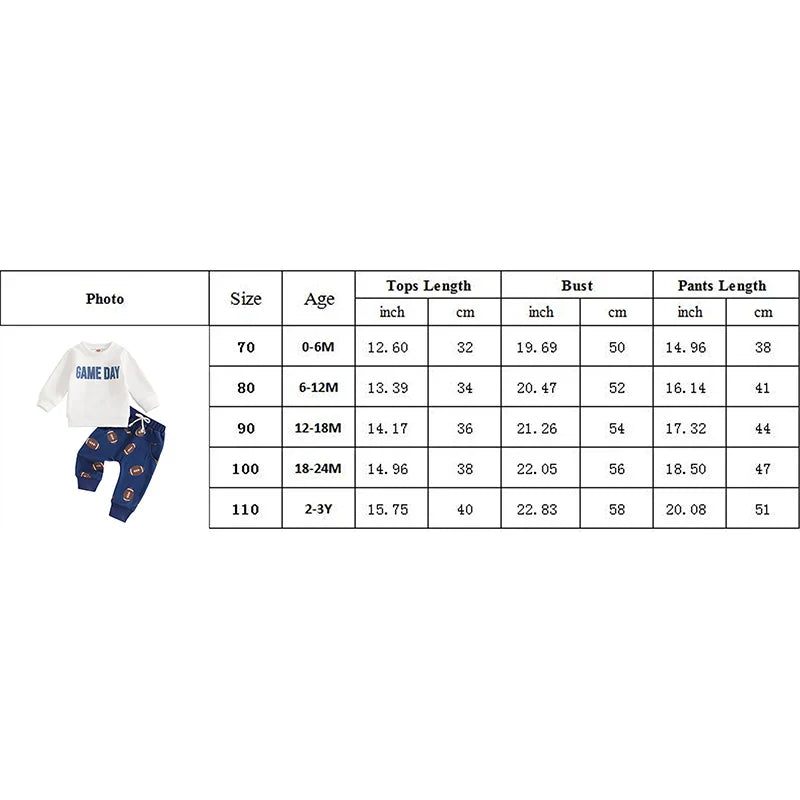 Baby Toddler Boys 2Pcs Game Day Autumn Outfit Long Sleeve Letter Print Pullover Tops Football Print Long Pants Set