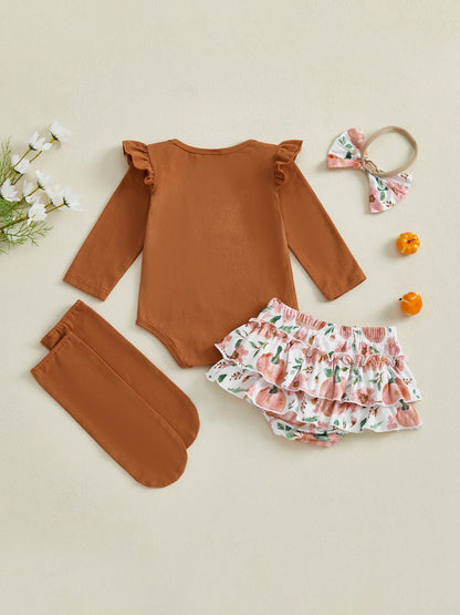 Baby Girls 4Pcs Halloween Outfit Letter Mama's Pumpkin Long Sleeve Romper Pumpkin Ruffle Shorts Skirt Bow Headband Solid Stockings Set