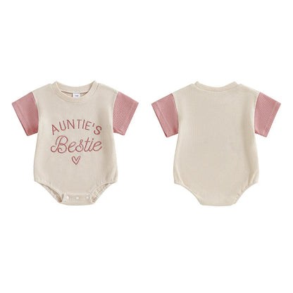 Baby Girl Auntie's Bestie Romper Contrast Color Letter Embroidery Waffle Crew Neck Short Sleeve Jumpsuit
