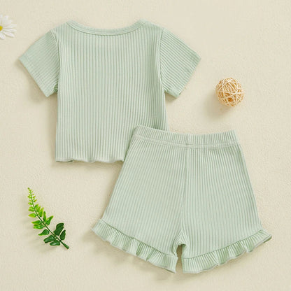 Baby Toddler Girls 2Pcs Ribbed Outfit Solid Color Short Sleeve T-Shirt Top Elastic Waist Ruffle Shorts Set
