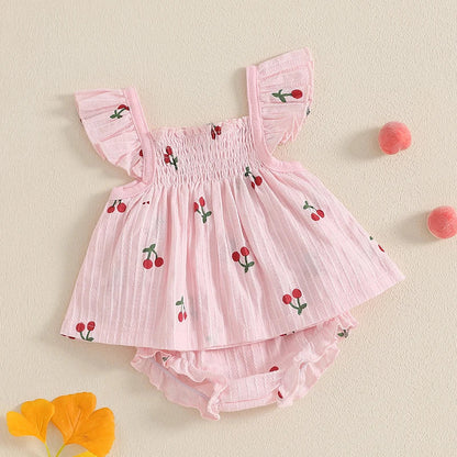 Baby Toddler Girl 2Pcs Shorts Set Cherry Print Fly Sleeve Babydoll Top Elastic Waist Ruffle Shorts Summer Outfit