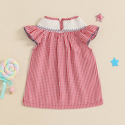 Baby Toddler Girls 4th of July Dress Loose Fit Plaid American Flag Embroidery Smocked Crew Neck Flying Sleeve Dress