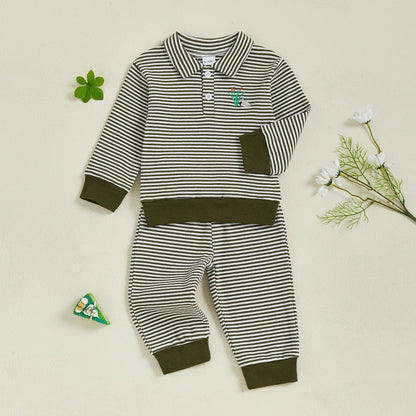 Baby Toddler Boys 2Pcs Long Sleeve Embroidery Duck Top with Striped Pants Infant Clothes Set