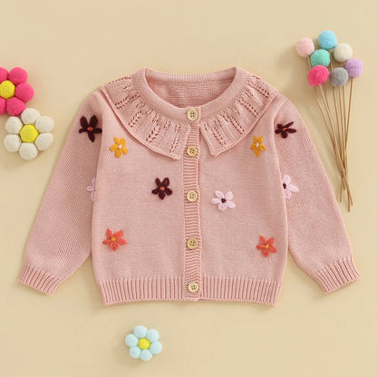 Baby Toddler Girls Cardigan Sweater 3D Flower Design Button Down Long Sleeve Knitted Top