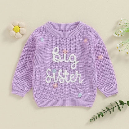 Toddler Kids Girl Big Sister Sweater Cute Long Sleeve Letter Embroidery Knit Pullover Loose Top