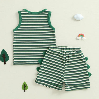 Baby Toddler Boys 2Pcs Striped Dinosaur Outfit O-Neck Sleeveless Tank Top Elastic Waist Shorts with Pockets Set