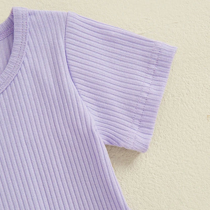 Baby Toddler Girls 2Pcs Ribbed Outfit Solid Color Short Sleeve T-Shirt Top Elastic Waist Ruffle Shorts Set