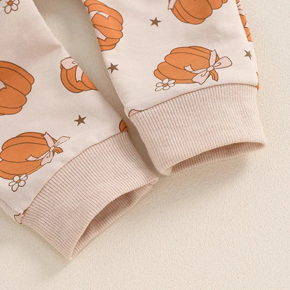 Baby Toddler Girl 2Pcs Halloween Outfit Pumpkin Print Long Sleeve Top with Elastic Waist Pants Set