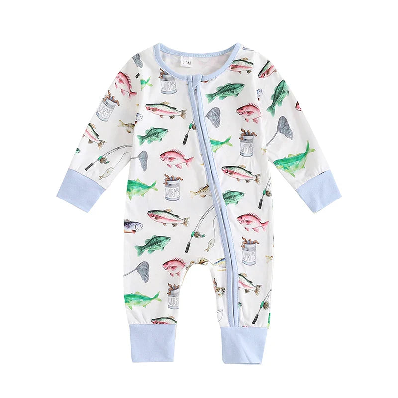 Baby Boys Girls Autumn Casual Romper Long Sleeve Crew Neck Fish Print Zipper Jumpsuit