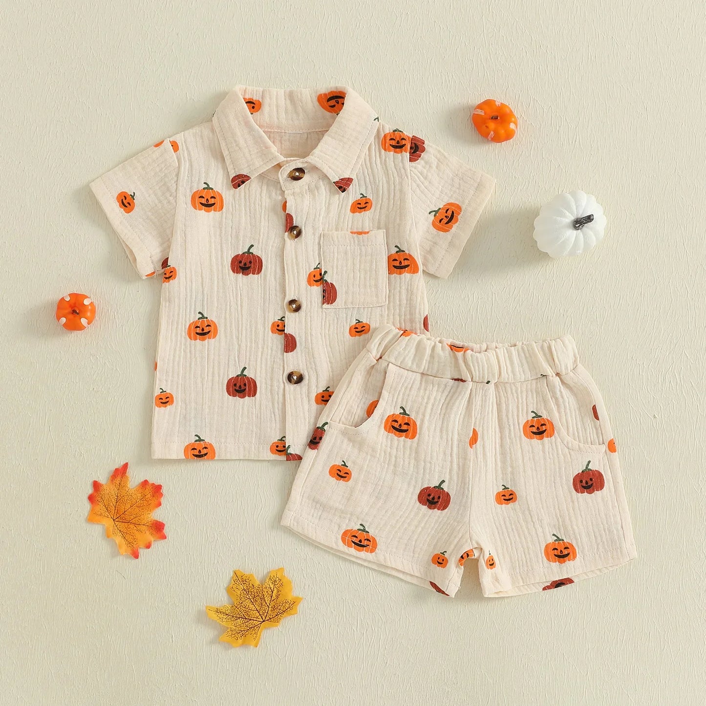 Baby Boys Halloween Outfits Pumpkin Print Button Short Sleeves T-Shirt and Elastic Shorts Set Clothes Set