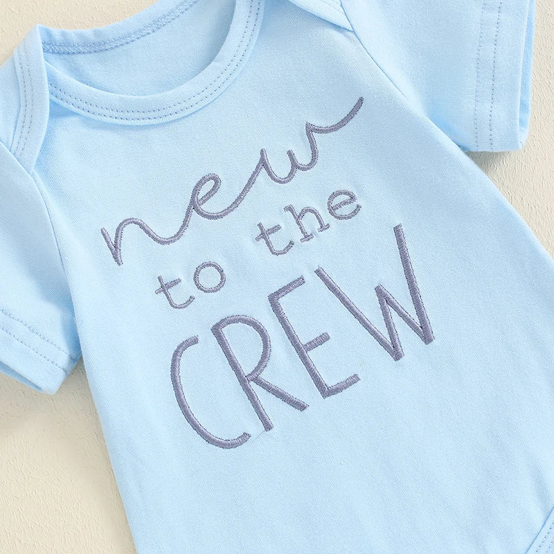 Baby Boy 3Pcs New To The Crew Outfit Letter Short Sleeve Romper with Solid Color Pants and Hat Set