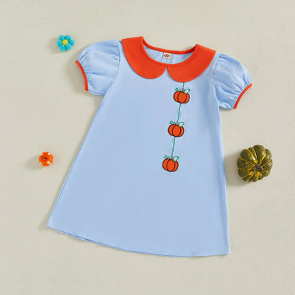 Toddler Kids Girl Halloween Dress Short Sleeve Round Neck Pumpkin Embroidery Dress Kid A-Line Dress