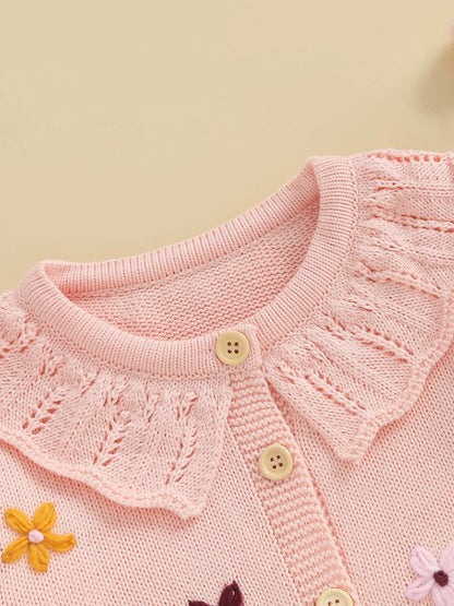 Baby Toddler Girls Cardigan Sweater 3D Flower Design Button Down Long Sleeve Knitted Top