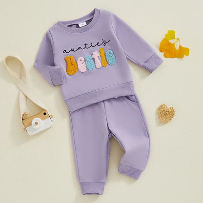 Baby Toddler Girls 2Pcs Auntie's Bestie Outfit Long Sleeve Crew Neck Embroidery Letter Top with Elastic Waist Pants Clothes Jogger Set