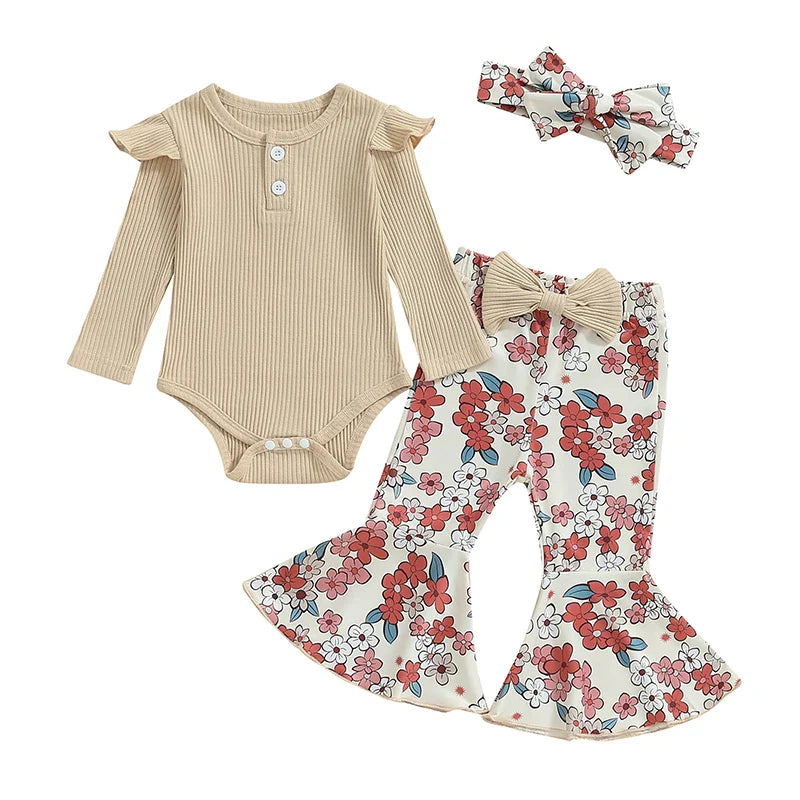 Baby Girls 3Pcs Fall Outfit Ruffle Ribbed Long Sleeve Romper Flower Flare Pants Tie Headband Set