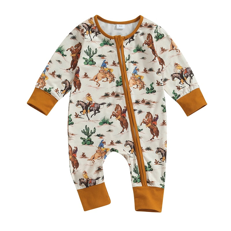 Baby Boys Girls Jumpsuit Long Sleeve Cow/Horse Print Zipped Autumn Romper Clothes