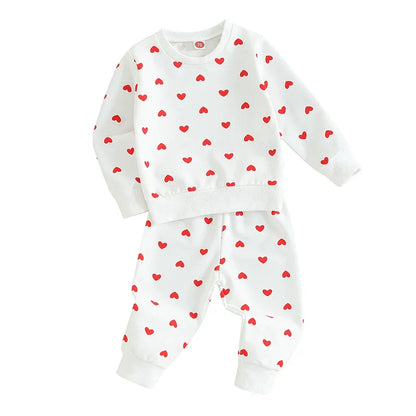 Baby Toddler Girls 2Pcs Clothes Valentine's Day Outfits Long Sleeve Crewneck Heart Print Pants Set