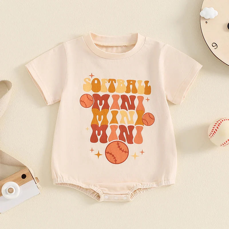 Baby Boys Girls Softball Mini Letter Baseball Print Romper Short Sleeve Round Neck Jumpsuit