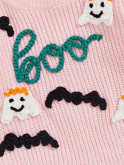 Baby Toddler Girls Halloween Sweater Long Sleeve Round Neck Letter Boo Ghost Embroidery Knit Pullover Top