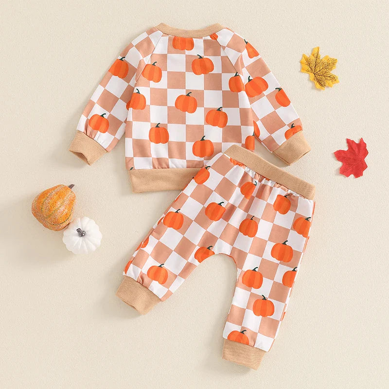 Baby Toddler Boys Girls 2Pcs Halloween Thanksgiving Outfit Checkered Pumpkin Print Long Sleeve Top and Long Pants Set